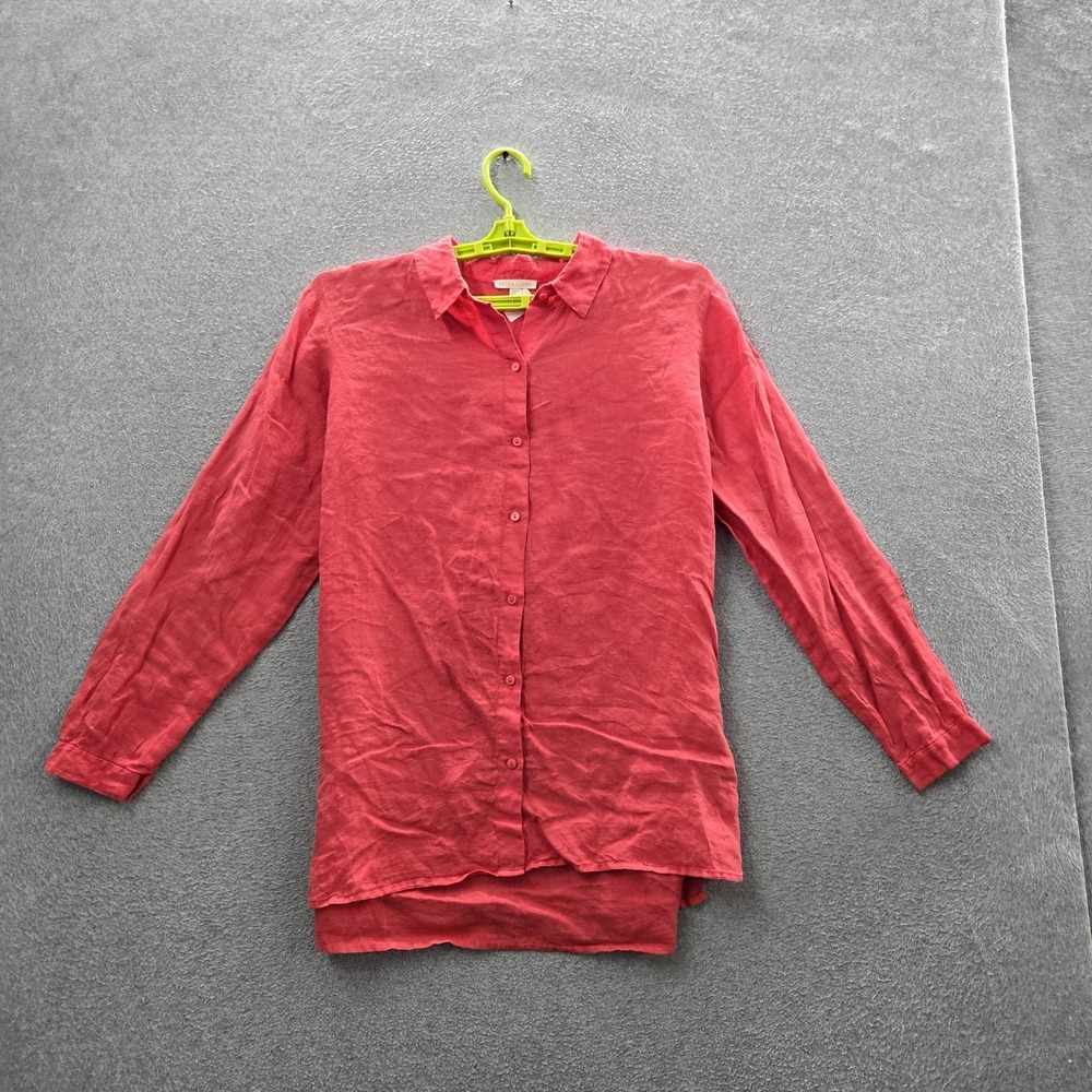 Eileen Fisher Women Button Up Shirt M Red Linen Organic Collared Coastal Beachy